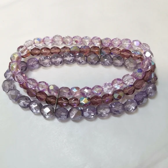Vintage Czech lavender fire polished glass bead stretch bracelet - Picture 4 of 4